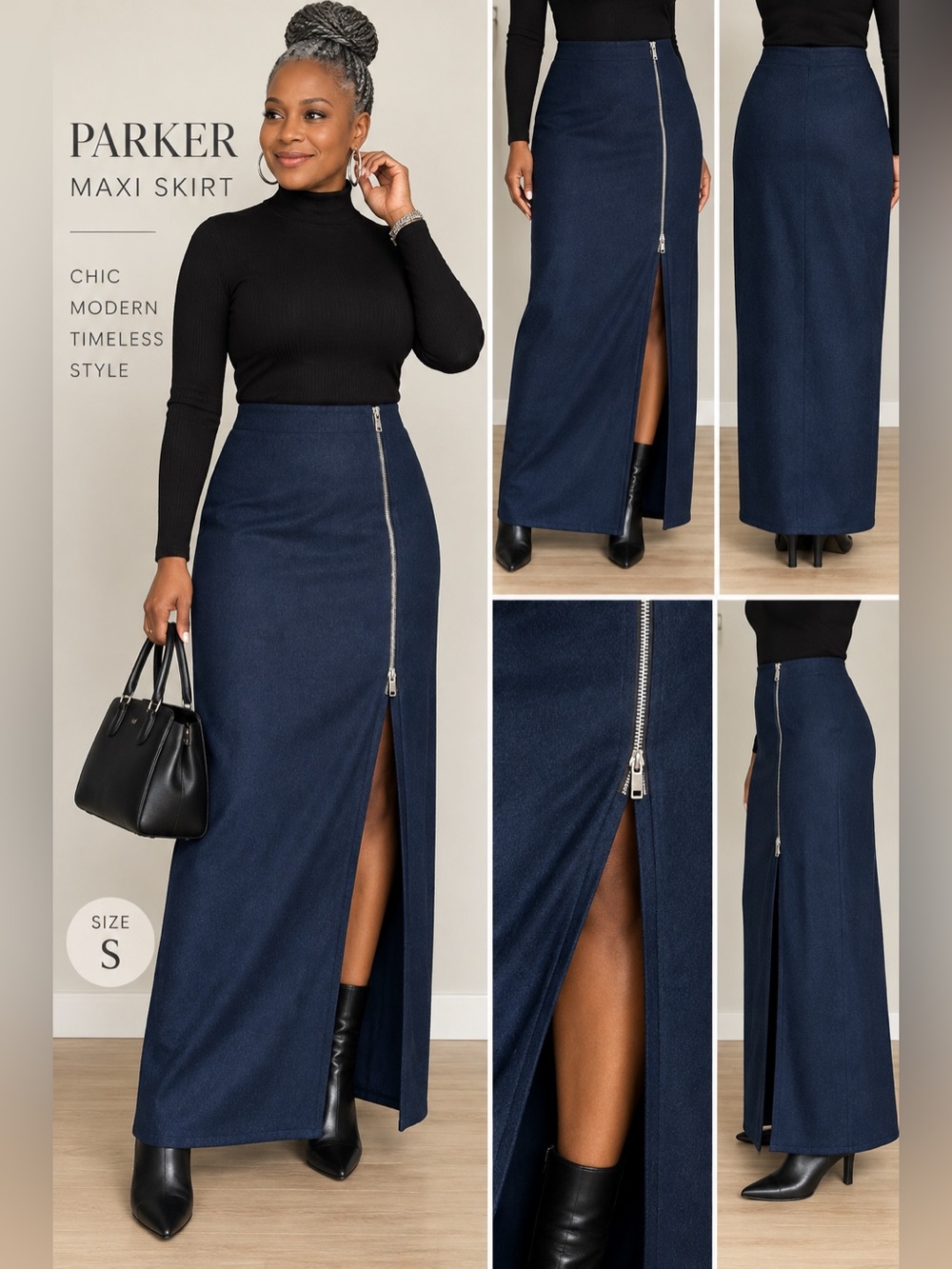 Parker Navy Maxi Skirt with Silver Front Zip and High Slit